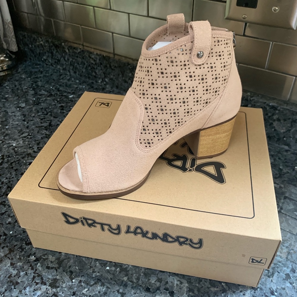 Laser Cut Suede Peep Toe Ankle Bootie